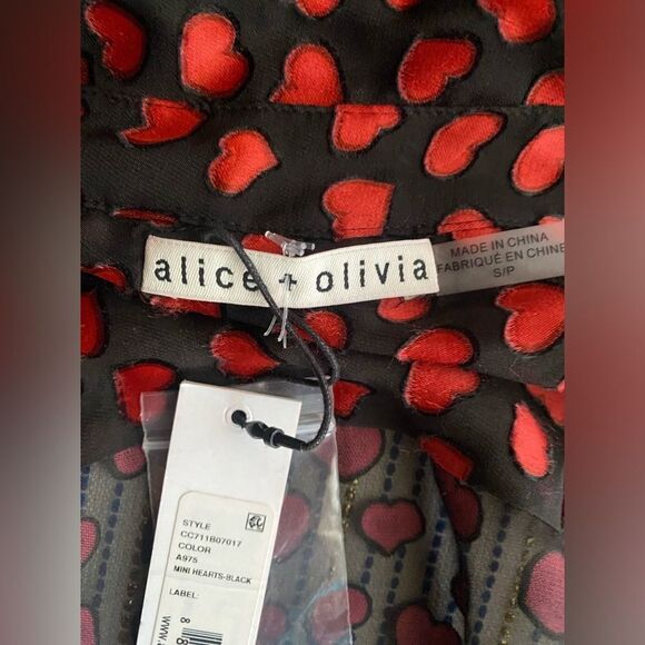 Alice + Olivia Shirt Womens Silk Small Black Red Hearts Printed Long Sleeve NWT - Picture 8 of 13